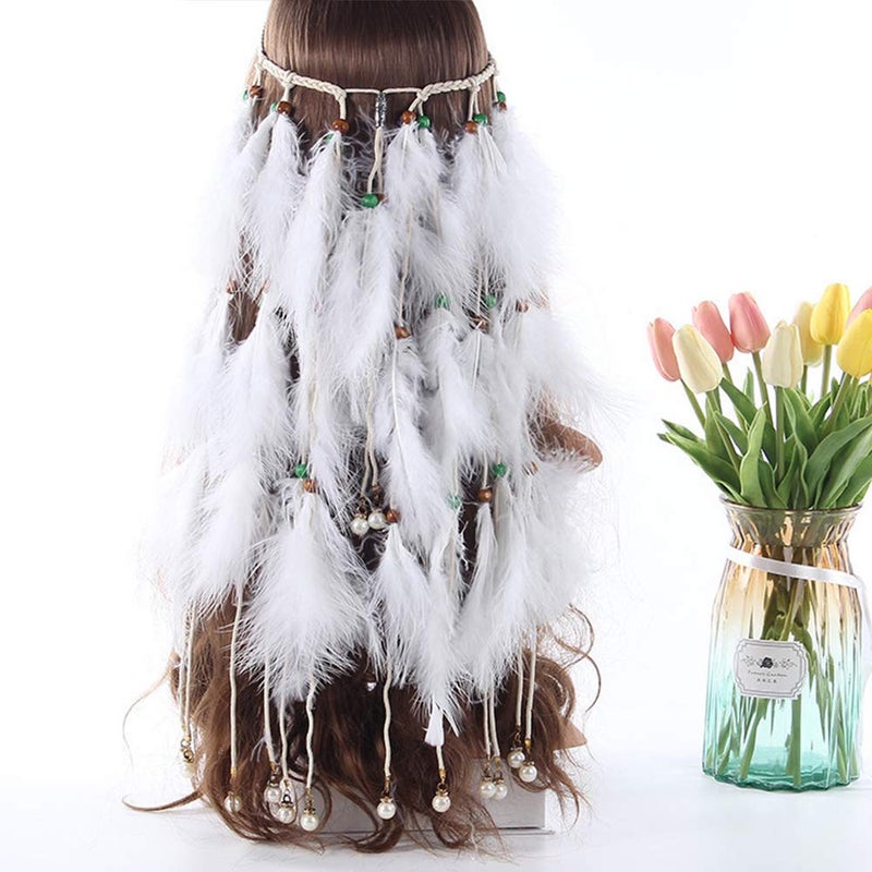 WLBON Feather Headband White Fake Pearl Hippie Indian Boho Hair Bands Tassel Bohemian Halloween Hair Hoop Women Crown Hairband Party Decoration Headdress Cosplay Costume Headwear Headpiece Hair Accessories - Image 2